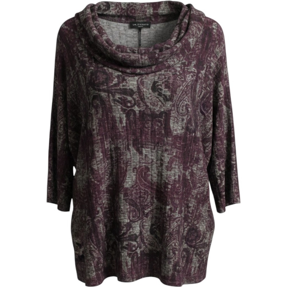 I.N. Studio Woman Cowl Neck Sweater Purple Grey Paisley Textured Knit Top 1263